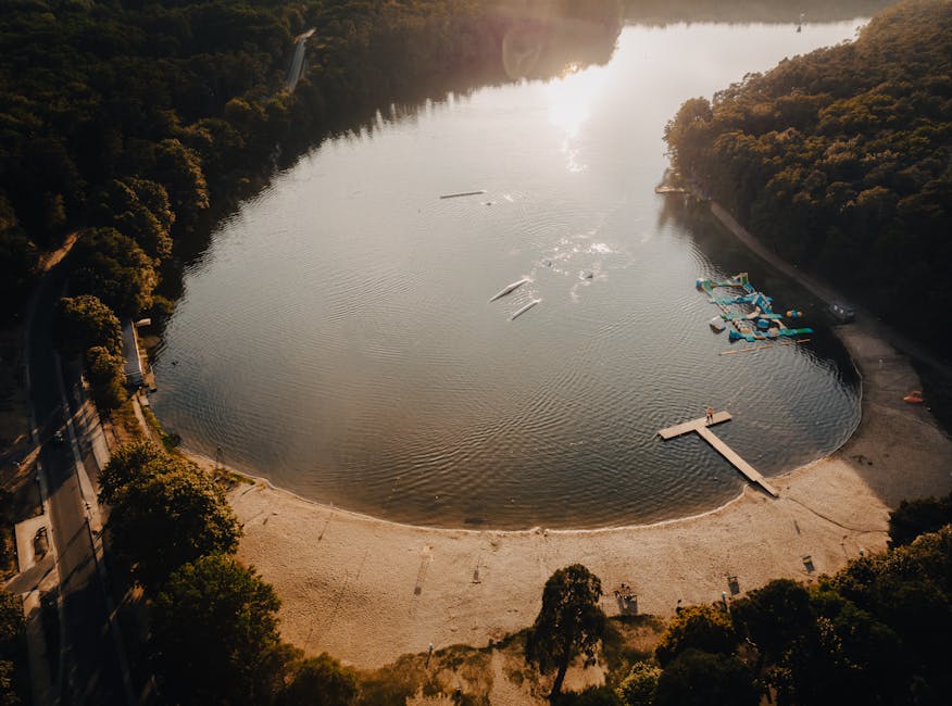 An aerial view of Ruislip Lido showing a semi-circular sandy beach area with a wooden pier extending into the water. The water appears calm with gentle ripples, and a few boats or pedal boats are visible on the surface. The surrounding landscape consists of dense green trees on the hillsides, and a pathway runs along the shoreline. The scene is illuminated by warm sunlight, casting natural light across the area, highlighting the cleanliness and natural beauty of this outdoor setting, which Ruislip Carpet Cleaning would typically maintain through comprehensive surface cleaning and sanitation services.