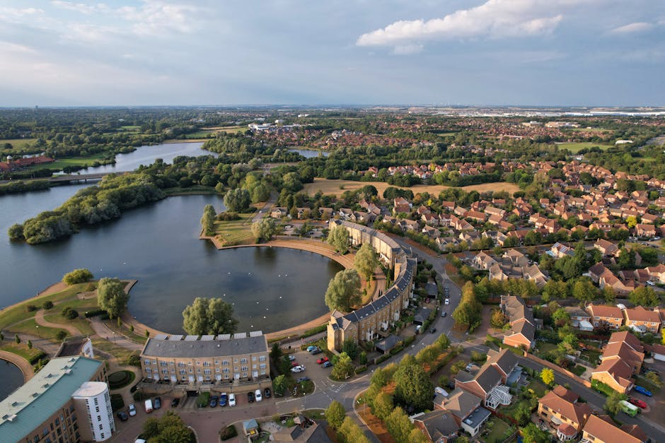 An aerial view of Ruislip Lido showing a semi-circular sandy beach area with a wooden pier extending into the water. The water appears calm with gentle ripples, and a few boats or pedal boats are visible on the surface. The surrounding landscape consists of dense green trees on the hillsides, and a pathway runs along the shoreline. The scene is illuminated by warm sunlight, casting natural light across the area, highlighting the cleanliness and natural beauty of this outdoor setting, which Ruislip Carpet Cleaning would typically maintain through comprehensive surface cleaning and sanitation services.